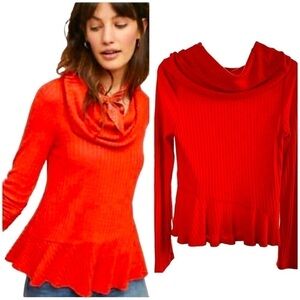 Anthropologie Maeve Addie Hacci Cowl Neck Top Waffle Weave Red Orange Flowy M